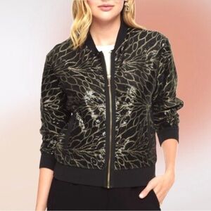 Juicy Couture Black Gold Sequin Zip Front Bomber Jacket Med